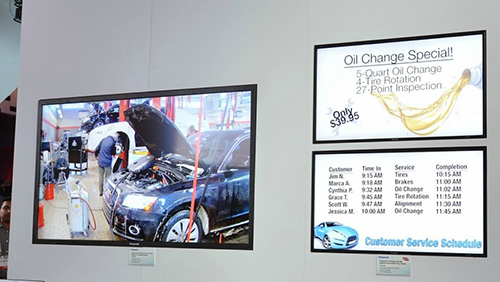 Examples of digital signage for aftermarket workshops. In this case, services are highlighted and waiting and working times are shown